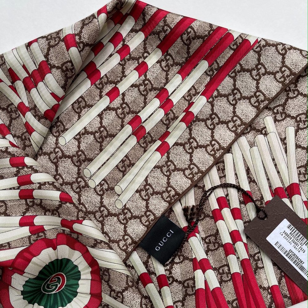 New Gucci Scarf GG Logo Club Beige Brown Silk Scarf Wrap with Gucci Gift… - Picture 10 of 15
